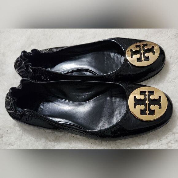 Tory Burch Reva Women's Patent Tumble Leather Ballet Flats Black/Gold US 8.5 - Picture 3 of 11